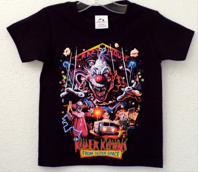  Youth-sized Killer Klowns From Outer Space - Crazy House horror t-shirt featuring a bold, colorful design inspired by the iconic 1980s horror film. The graphic showcases the eerie 