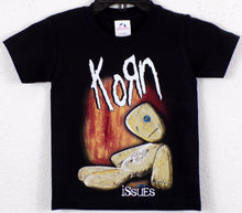 Load image into Gallery viewer, Korn - Issues Youth Silkscreen Band T-Shirt featuring a bold graphic print on a soft, black cotton tee. Available in XS-XL.
