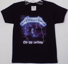 Load image into Gallery viewer, Youth unisex Metallica Ride the Lightning silkscreen t-shirt featuring iconic album artwork. Available in sizes XS-XL.
