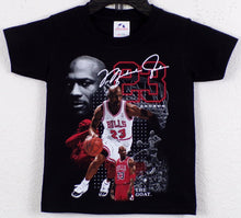 Load image into Gallery viewer, Youth-sized Michael Jordan &#39;The GOAT 23&#39; silkscreen t-shirt featuring an iconic design of the basketball legend in his number 23 jersey. Available in XS-XL
