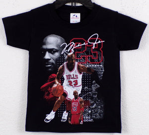 Youth-sized Michael Jordan 'The GOAT 23' silkscreen t-shirt featuring an iconic design of the basketball legend in his number 23 jersey. Available in XS-XL