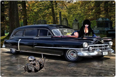 New ’1950s Cadillac Hearst With Elvira Mistress Of The Dark’ Metal Sign Original Art By Bob Kramer 12’’H × 18’’W