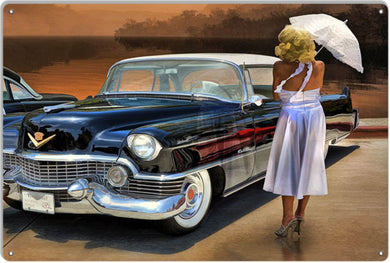 New ’1956 Cadillac Coupe Deville’ Classic Car Garage Shop Art Metal Sign By Bob Kramer 12’’H × 18’’W In Diameter.