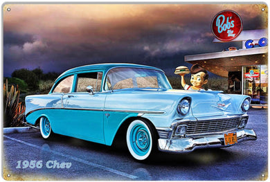 New ’1956 Chevy At Bobs Big Boy Drive In’ Aluminum Sign By Artist Bob Kramer 12’’H × 18’’W In Diameter. - Aluminum Signs