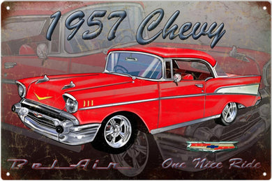 New ’1957 Orange Chevy Bel Air’ Muscle Car Garage Art Sign. 12″H x 18″W In Diameter. - Aluminum Signs