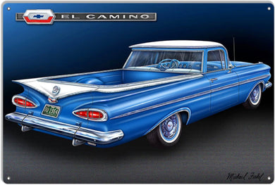 New ’1959 Blue El Camino’ Metal Sign By Artist Michael Fishel 12’’H × 18’’W In Diameter. - Aluminum Signs