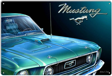 New ’1969 Green Mustang’ Aluminum Sign By Artist Michael Fishel 12’’H × 18’’W In Diameter. - Aluminum Signs