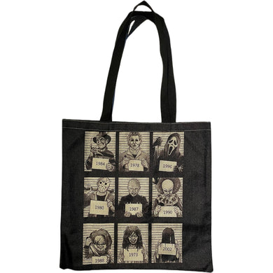 New 9 Most Wanted Horror Mugshots Freddy Krueger, Michael Myers, Scream Ghost, Jason Voorhees, Pinhead, Pennywise It Clown, Chucky, The Exorcist & The Ring. Canvas Tote Bags. Image Is Printed On Both Sides. Bag Is 15.7 inches Wide x 15.7 inches Tall Handle 11.8 inches