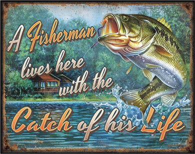 New ’A Fisherman Lives Here’ Man Cave Shop Metal Sign. 16’’W x 12.5’’H. - Metal Sign