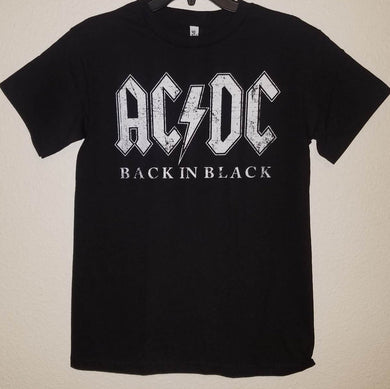 New AC/DC Distressed Back In Black Logo Unisex Silkscreen T-Shirt. Available From Small-2XL. hard rock classic rock apparel