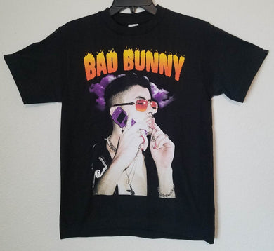 new bad bunny on phone mens silkscreen t-shirt available from small-2xl reggaeton hip hop rap music unisex apparel adult shirt tops