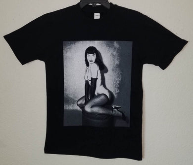 new betty page on her knees unisex silkscreen t-shirt available from small-3x shirt tops adult apparel vintage hollywood horror adult