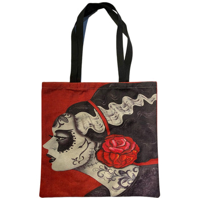 new bride of frankenstein with rose canvas tote bags image is printed on both sides movie horror unisex apparel accessories