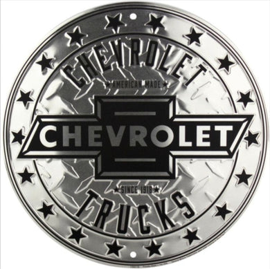 New ’Chevrolet Trucks’ Large Embossed Aluminum Die Cut Sign. 24’’ Round In Diameter. - Aluminum Signs