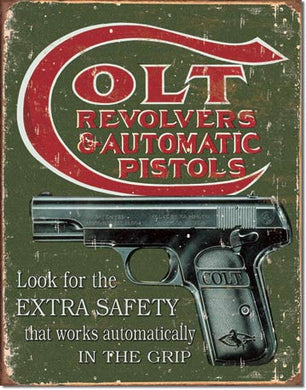 new colt extra safety feature shop sign man cave metal wall art 12.5widthx16height decor vintage guns pistols novelty