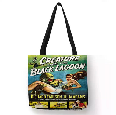 new creature from the black lagoon movie cover canvas tote bags image is printed on both sides apparel movies unisex vintage hollywood horror handbags