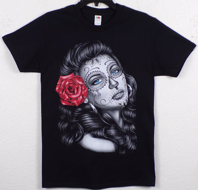 new girl with red rose mens silkscreen t-shirt available from small 3xl women unisex mexican style apparel adult men shirts tops