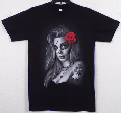 New ’Day Of The Dead - Girl With Red Rose’ Unisex Silkscreen T-Shirt. Available From Small-3XL. - Small - Men’s Short