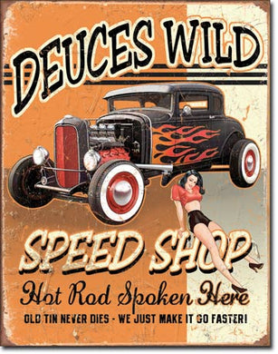 new deuces wild speed shop man cave shop sign wall art metal sign 12.5width x 16height decor transportation mopar general motors ford chevrolet cars auto novelty