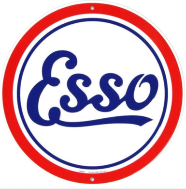 New ’Esso Gas & Oil’ Large Embossed Aluminum Die Cut Sign. 24’’ Round In Diameter. - Aluminum Signs