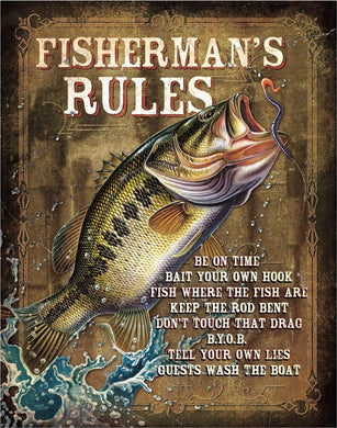 New ’Fisherman’s Rules’ Man Cave Sports Bar Metal Sign. 12.5’’W x 16’’H. - Metal Sign