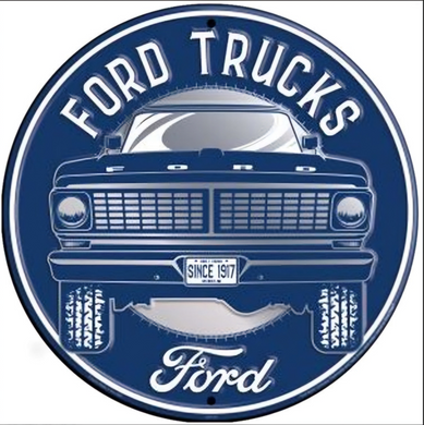 New ’Ford Trucks’ Large Embossed Aluminum Die Cut Sign. 24’’ Round In Diameter. - Aluminum Signs