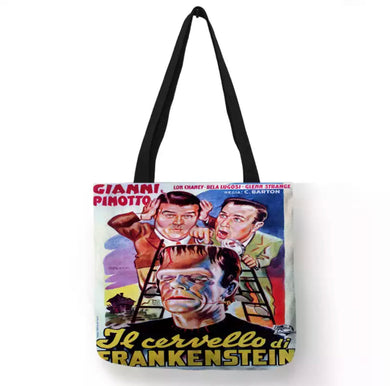 new frankenstein must be destroyed canvas tote bags image is printed on both sides Women vintage hollywood unisex movies men horror bride of frankenstein apparel handbags