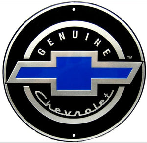 New ’Genuine Chevrolet With Blue Bowtie’ Embossed Aluminum Die Cut Sign. 12’’ Round In Diameter. - Wall Decor