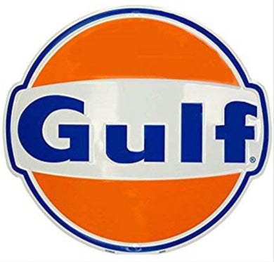 New ’Gulf Gas & Oil’ Large Embossed Aluminum Die Cut Sign. 24’’ Round In Diameter. - Aluminum Signs