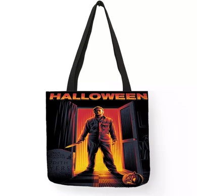 new halloween michael myers in doorway canvas tote bags image is printed on both sides women unisex totebag movie men horror apparel handbags