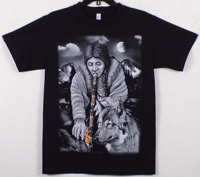 New ’Indian Smoking Long Pipe With Wolf’ Unisex Silkscreen T-Shirt. Available From Small-3XL. - Small - Men’s Short