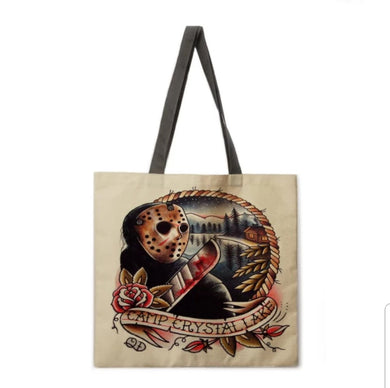 new jason chrystal lake canvas tote bags image is printed on both sides women unisex movie men jason voorhees horror crystal lake apparel handbags