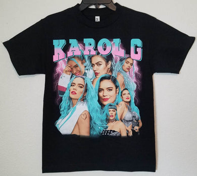 new karol g pink blue picture collage latin urbano unisex silkscreen t-shirt available from small-3xl women unisex music men latin urban apparel adult shirts tops