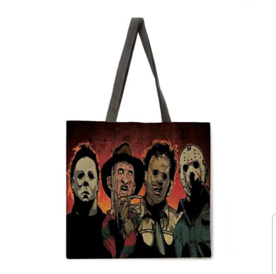 new leading men michael freddy leatherface jason canvas tote bags image is printed on both sides women unisex movie men michael meyers leatherface jason vorhees horror freddy krueger apparel handbags