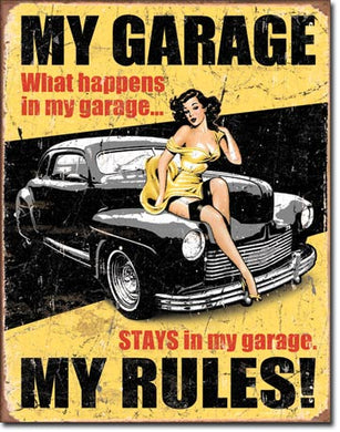 new legends my garage my rules man cave wall art shop metal sign 12.5width x 16height decor trucks transportation mopar general motors ford motors cars auto novelty