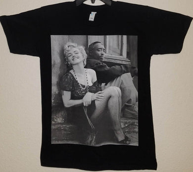 new marilyn monroe tupac sitting together mens silkscreen t-shirt available from small-3xl women men unisex vintage hollywood music rap hip hop movies apparel adult shirts tops