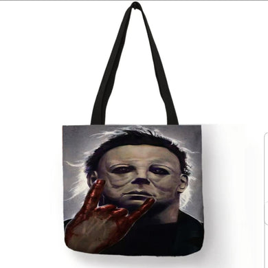 new michael myers bloody hand missing finger canvas tote bags image is printed on both sides women unisex movies tote bag men horror halloween apparel handbags