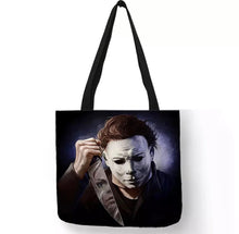 Load image into Gallery viewer, new michael myers reflection in knife canvas tote bags image is printed on both sides women unisex tote bag men halloween horror apparel adult handbags
