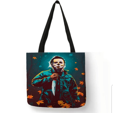 new michael myers with knife and leaves canvas tote bags image is printed on both sides women unisex tote bag movie men horror halloween apparel handbags