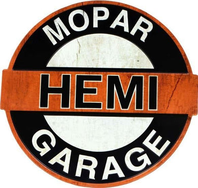 New ’Mopar Hemi Garage’ Embossed Shaped Metal Sign. 16’’ Round. - Shaped Signs