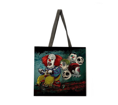 New ’Pennywise Riding Tricycle With 5 Balloon Heads In Tow’ Canvas Tote Bags. Image Is Printed On Both Sides. - Handbags