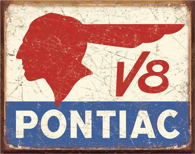 New ’Pontiac V8 Indian Head’ Distressed Man Cave Metal Sign. 16’’W x 12.5’’H. - Metal Sign