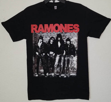 new ramones in front of brick wall mens silkscreen t-shirt 70s punk music available in small-3xl women unisex music men apparel adult shirts tops