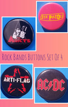 Load image into Gallery viewer, new rock band button set of 4 fashion buttons are 1.25 inches in size Set Includes ACDC Red Letter Logo On Black Anti Flag Red Star Sex Pistols The Adicts Logo In Triangle tv music collection buttons hard rock
