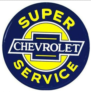 New ’Super Chevrolet Service’ Large Embossed Aluminum Die Cut Sign. 24’’ In Diameter. - Aluminum Signs