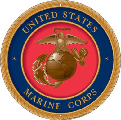 New ’United States Marine Corps’ Embossed Aluminum Die Cut Sign. 12’’ Round In Diameter. - Aluminum Signs