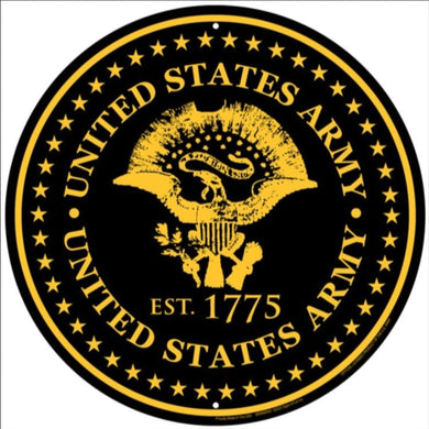 New ’US Army EST 1775’’ Embossed Aluminum Die Cut Sign. 12’’ Round In Diameter. - Aluminum Signs