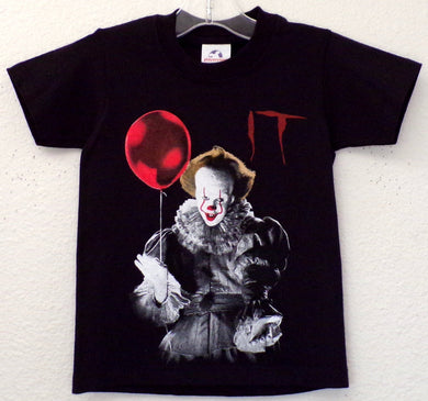 Horror Pennywise IT Clown with Red Balloon Youth Silkscreen T-Shirt featuring a detailed design of Pennywise holding a red balloon from the classic horror movie IT. Available in sizes XS-XL youth from JB Accessories05                