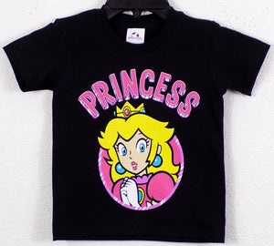 A vibrant youth silkscreen T-shirt featuring "Princess" from the Mario Bros. universe. The design showcases a bold, high-quality print on a soft, breathable cotton tee. Perfect for young gamers and fans of the iconic princess. Available in XS-XL