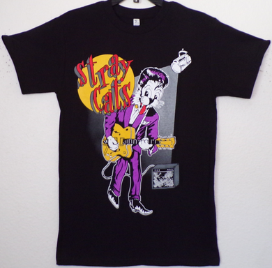 ’Stray Cats - Cat Playing Guitar’ Adult Silkscreen T-Shirt. Available From Small-3XL. -Unisex  Short Sleeve Shirt